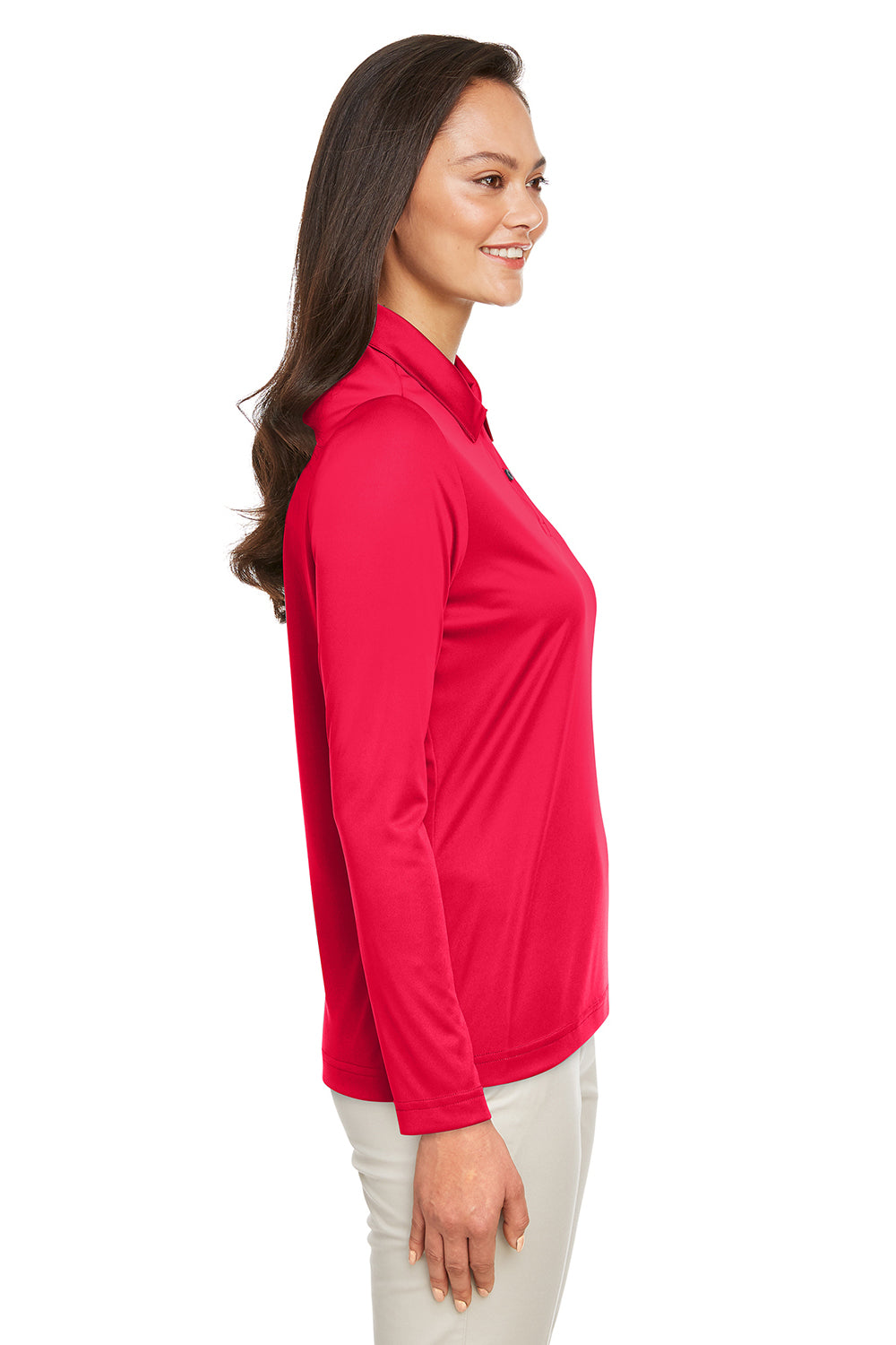 Team 365 TT51LW Womens Zone Sonic Moisture Wicking Long Sleeve Polo Shirt Red Model Side