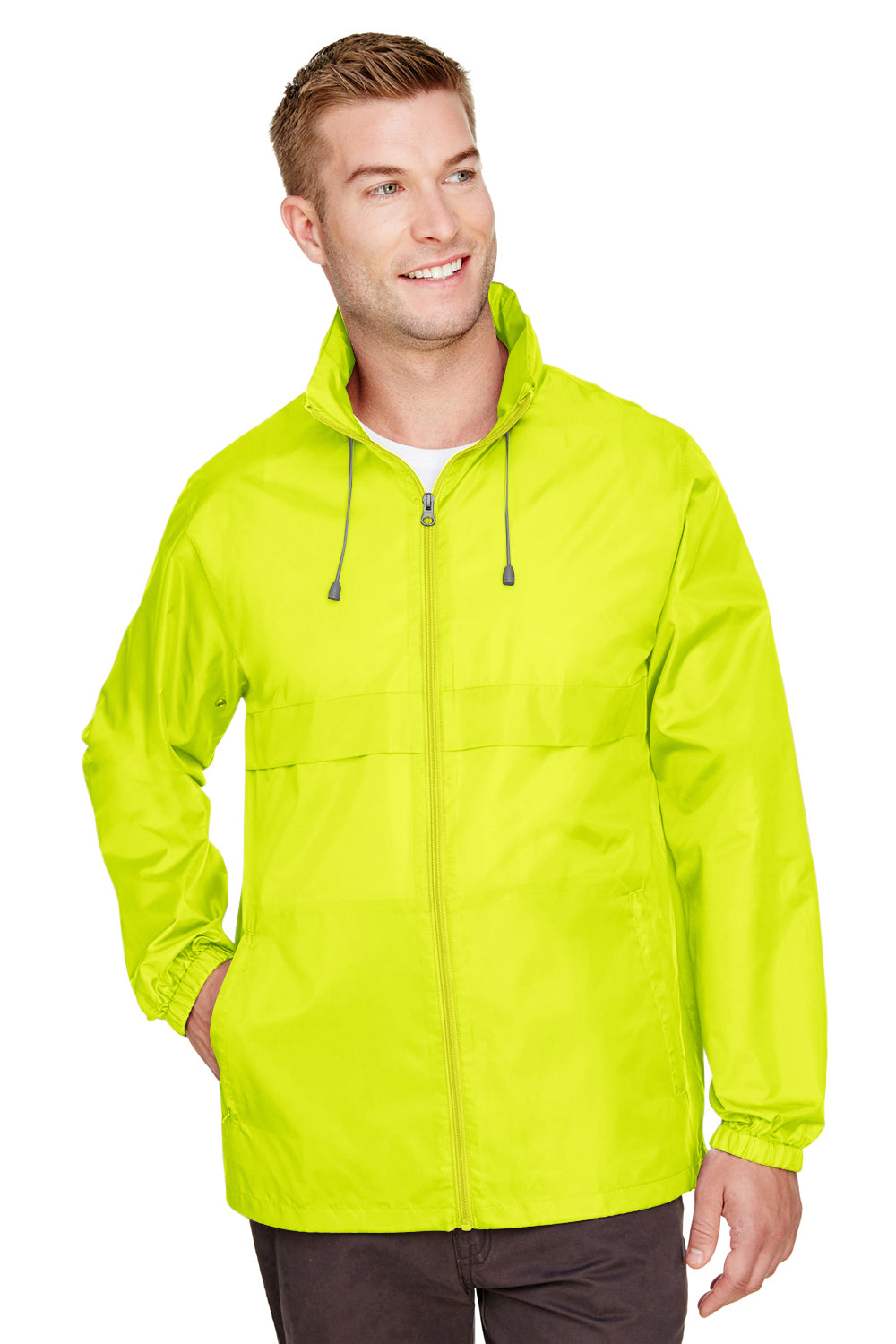 Team 365 TT73 Mens Zone Protect Water Resistant Full Zip Hooded Jacket Safety Yellow Model Front