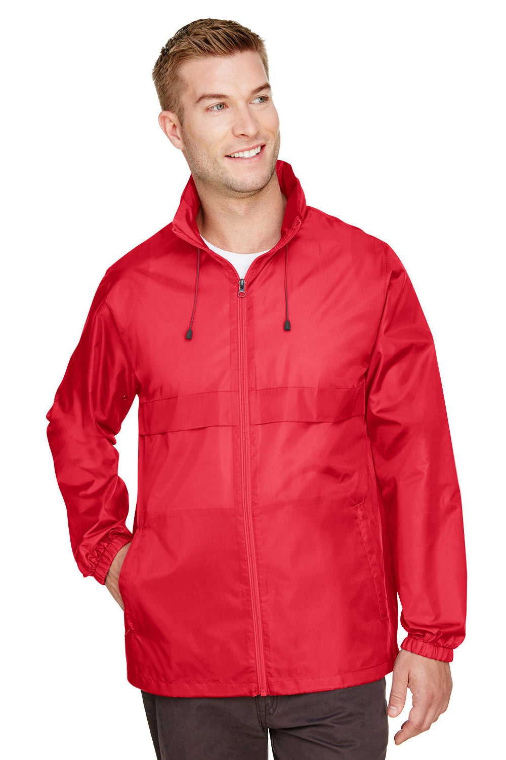 Team 365 TT73 Mens Zone Protect Water Resistant Full Zip Hooded Jacket Red Model Front