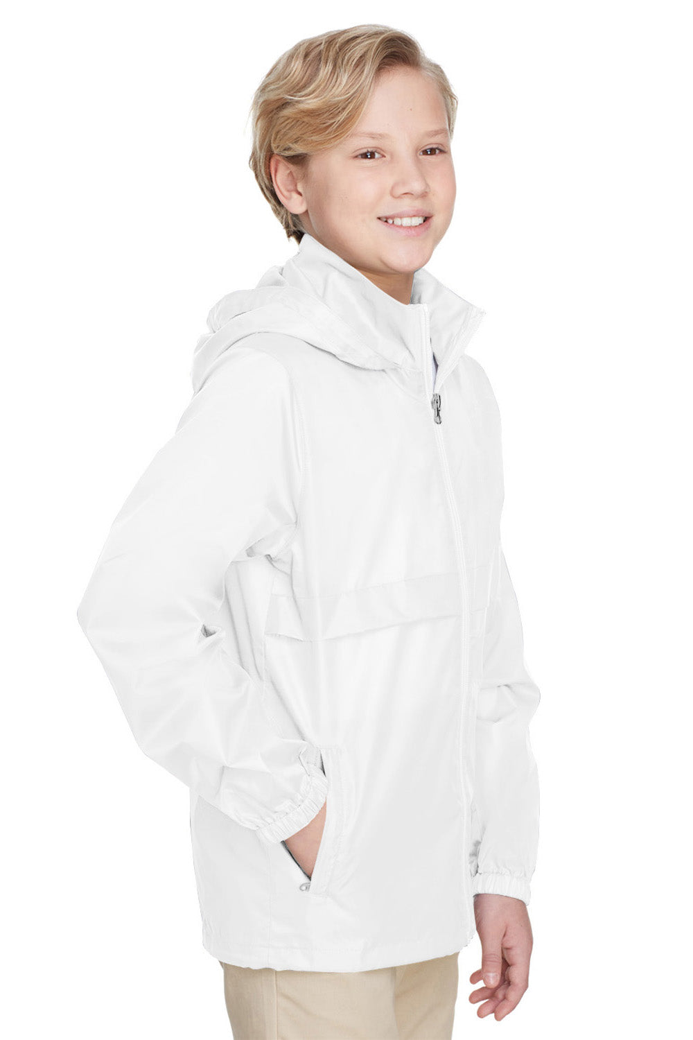 Team 365 TT73Y Youth Zone Protect Water Resistant Full Zip Hooded Jacket White Model 3q