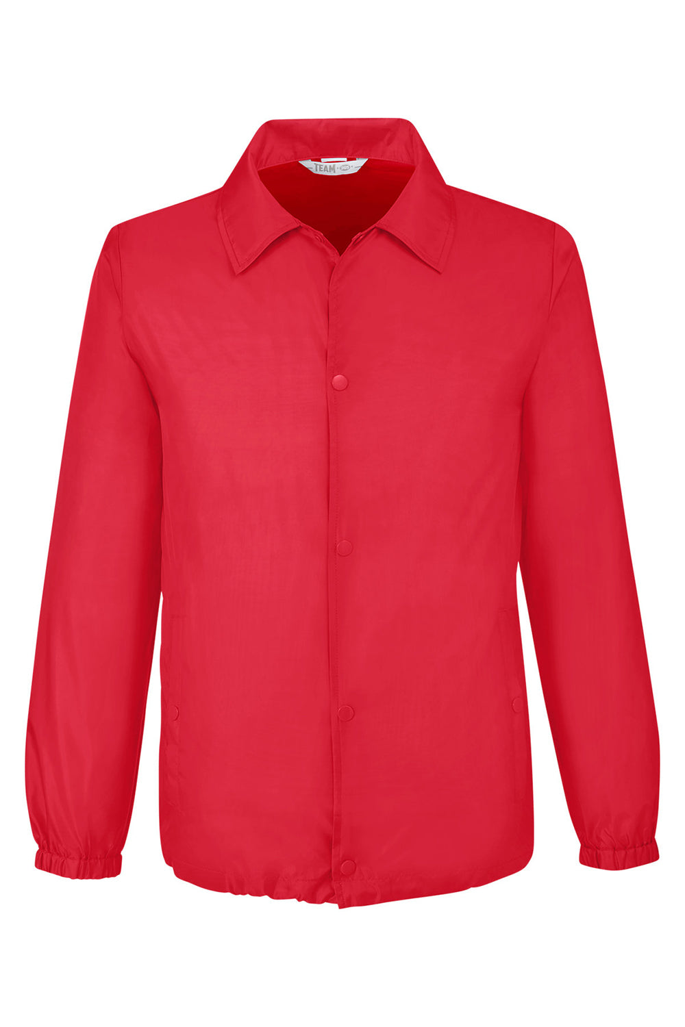 Team 365 TT75 Mens Zone Protect Water Resistant Snap Down Coaches Jacket Red Flat Front