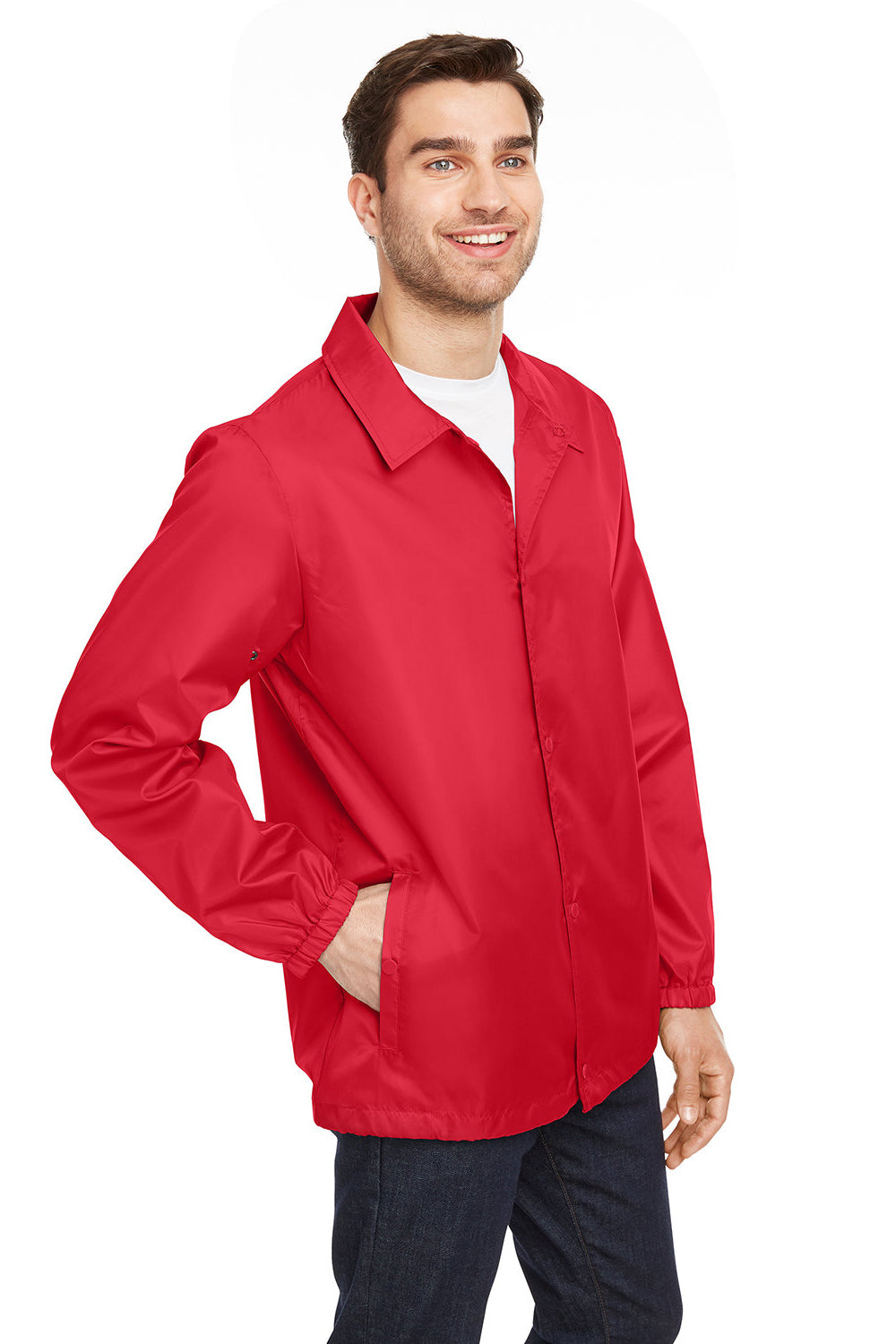 Team 365 TT75 Mens Zone Protect Water Resistant Snap Down Coaches Jacket Red Model 3q