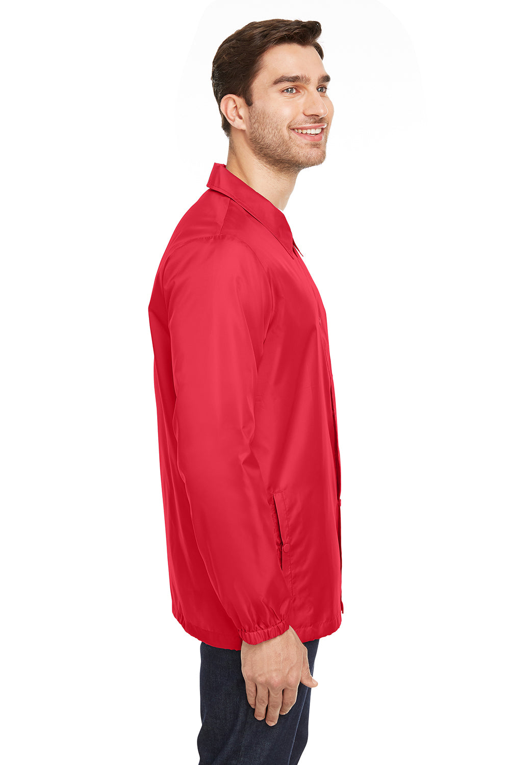 Team 365 TT75 Mens Zone Protect Water Resistant Snap Down Coaches Jacket Red Model Side