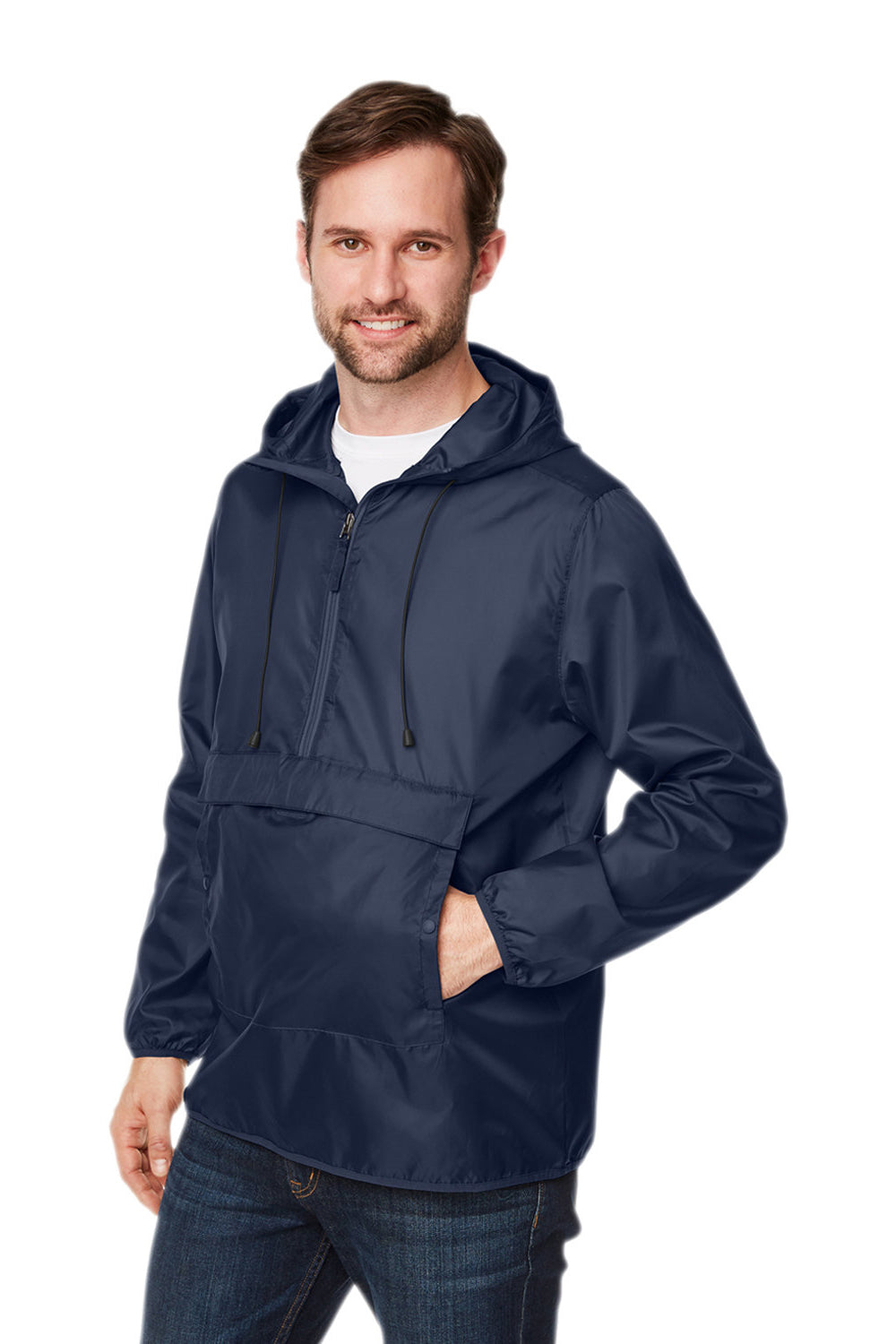 Team 365 TT77 Mens Zone Protect Water Resistant Hooded Packable Hooded 1/4 Zip Anorak Jacket Dark Navy Blue Model 3q