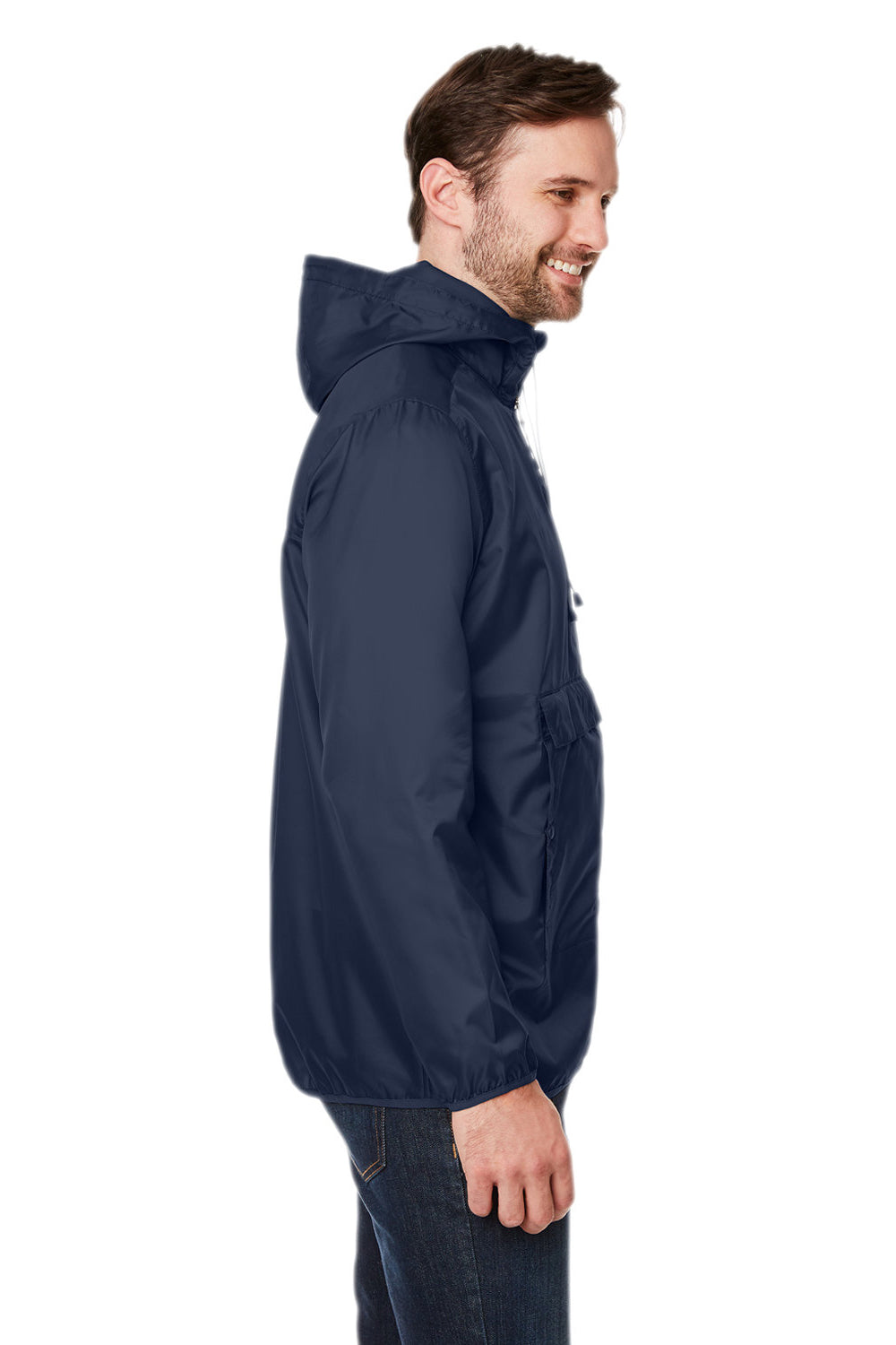 Team 365 TT77 Mens Zone Protect Water Resistant Hooded Packable Hooded 1/4 Zip Anorak Jacket Dark Navy Blue Model Side
