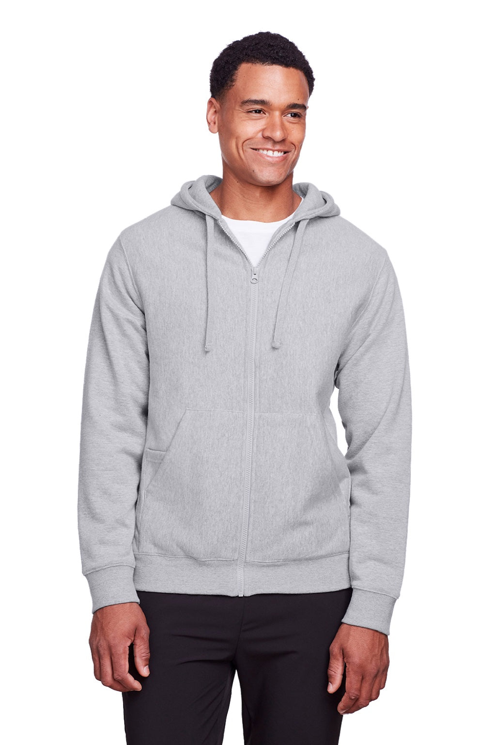 Team 365 TT95 Mens Zone HydroSport Fleece Water Resistant Full Zip Hooded Sweatshirt Hoodie w/ Pockets Heather Grey Model Front