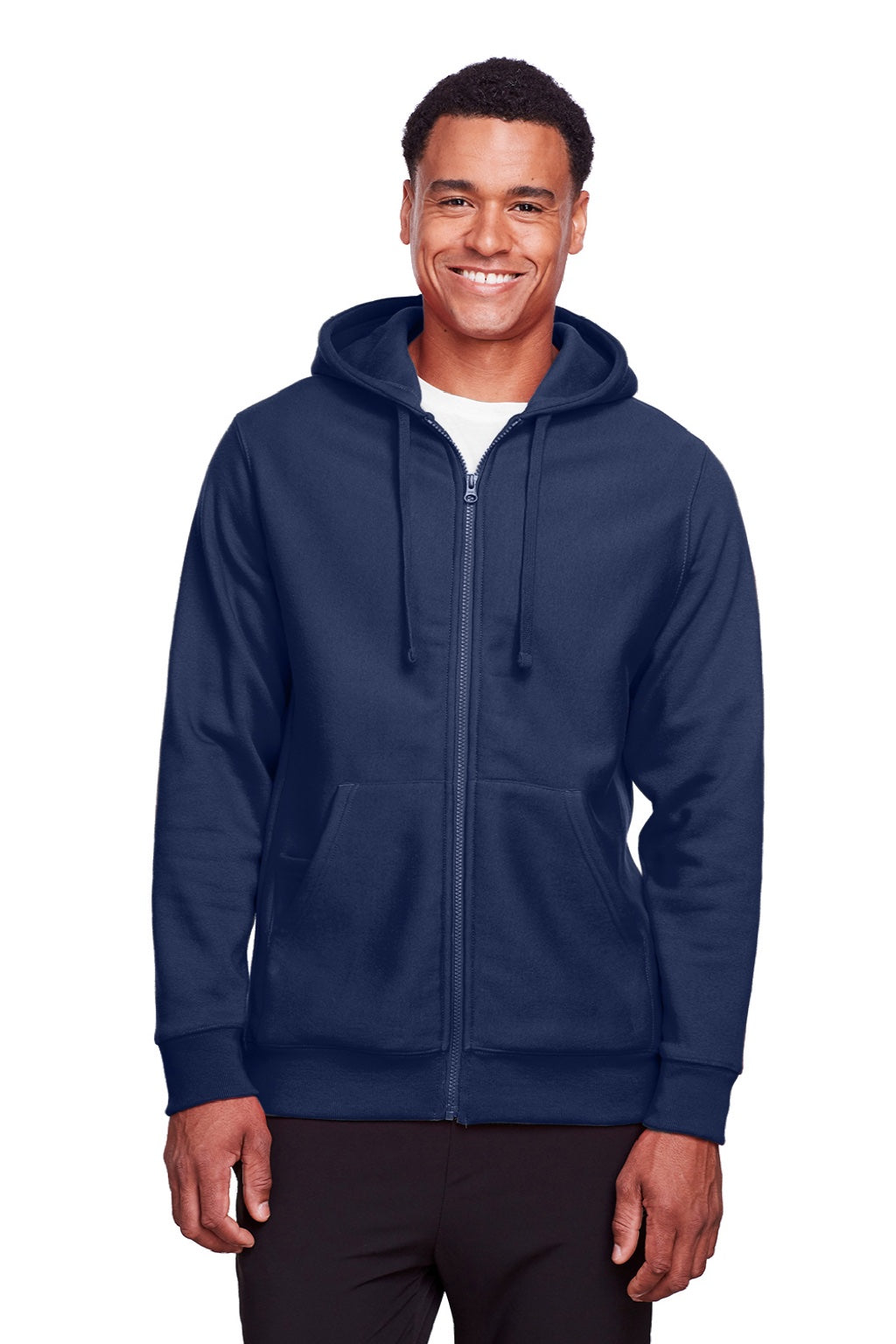 Team 365 TT95 Mens Zone HydroSport Fleece Water Resistant Full Zip Hooded Sweatshirt Hoodie w/ Pockets Dark Navy Blue Model Front