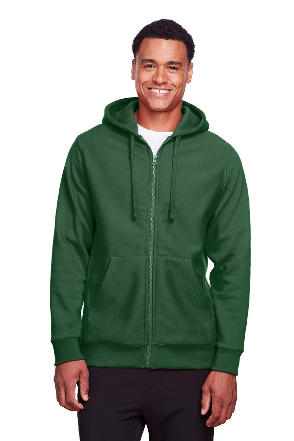 Team 365 TT95 Mens Zone HydroSport Fleece Water Resistant Full Zip Hooded Sweatshirt Hoodie w/ Pockets Dark Green Model Front