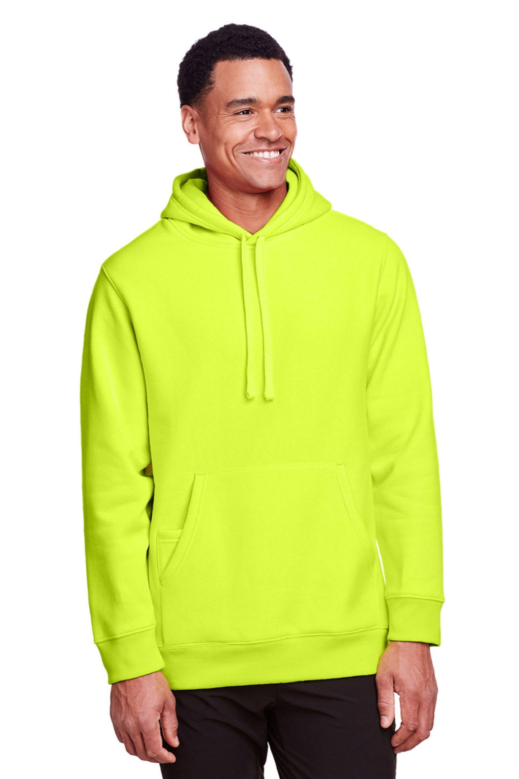 Team 365 TT96 Mens Zone HydroSport Fleece Water Resistant Hooded Sweatshirt Hoodie w/ Pouch Pocket Safety Yellow Model Front