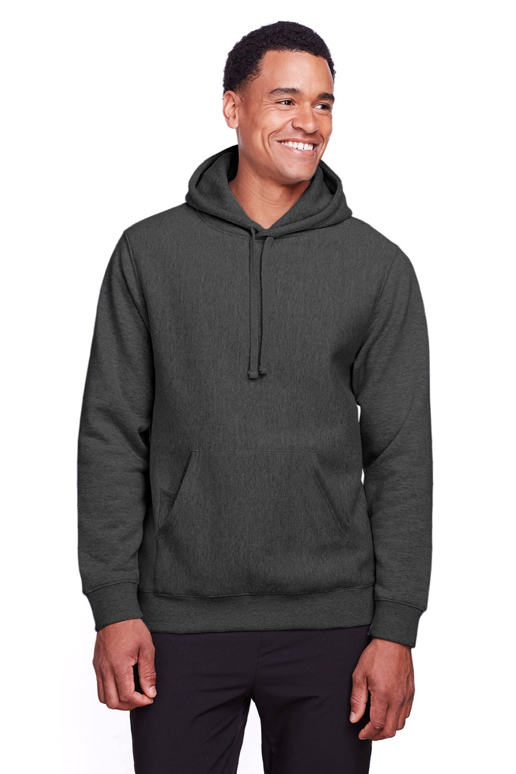 Team 365 TT96 Mens Zone HydroSport Fleece Water Resistant Hooded Sweatshirt Hoodie w/ Pouch Pocket Heather Dark Grey Model Front