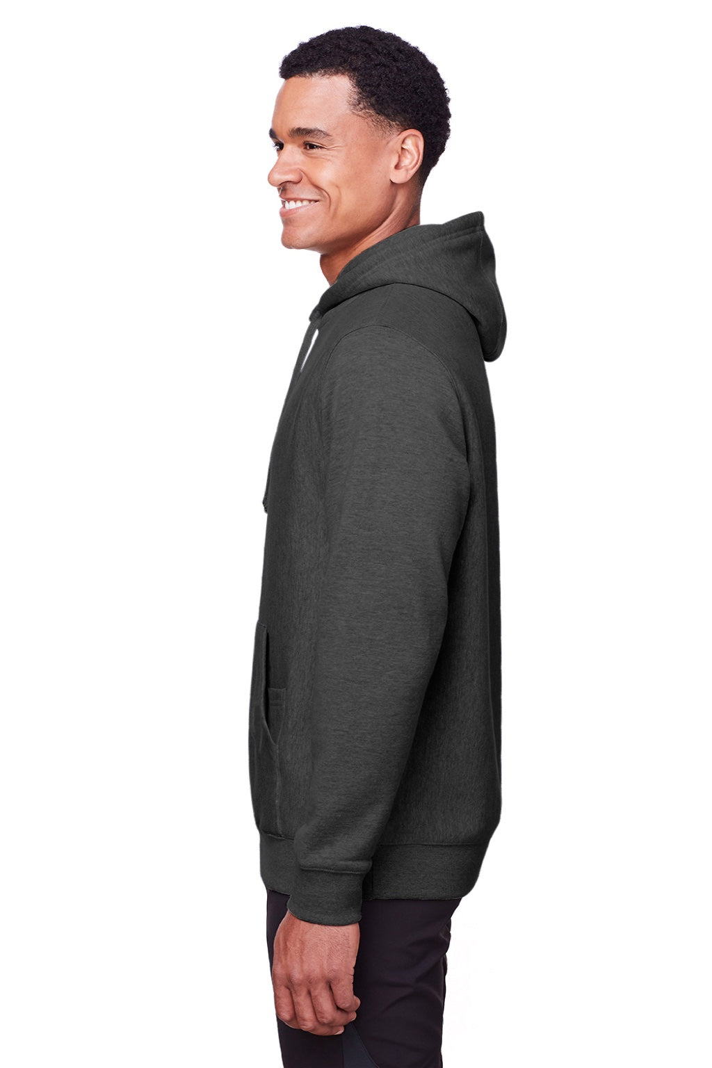 Team 365 TT96 Mens Zone HydroSport Fleece Water Resistant Hooded Sweatshirt Hoodie w/ Pouch Pocket Heather Dark Grey Model Side