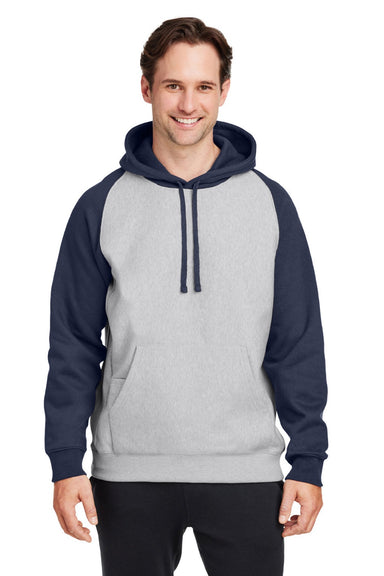 Team 365 TT96CB Mens Zone HydroSport Water Resistant Colorblock Hooded Sweatshirt Hoodie w/ Pouch Pocket Heather Grey/Dark Navy Blue Model Front