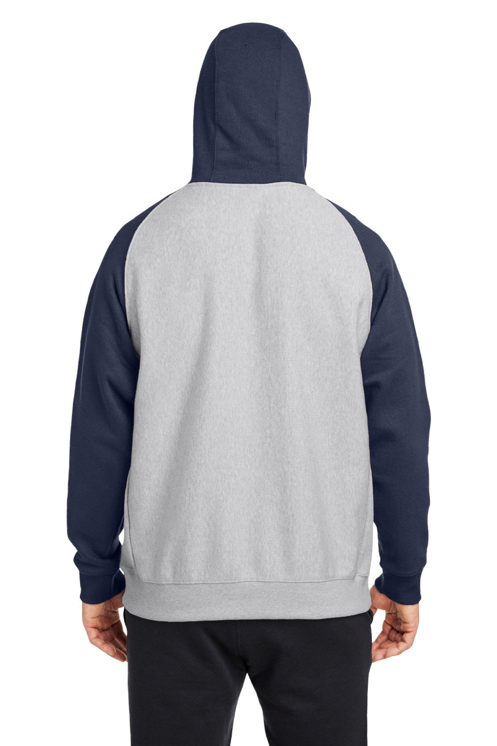 Team 365 TT96CB Mens Zone HydroSport Water Resistant Colorblock Hooded Sweatshirt Hoodie w/ Pouch Pocket Heather Grey/Dark Navy Blue Model Back