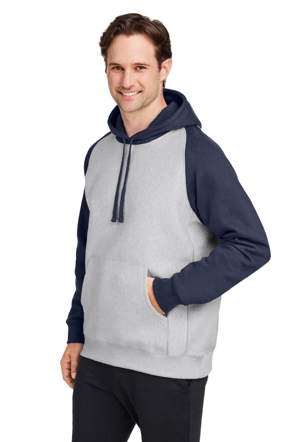 Team 365 TT96CB Mens Zone HydroSport Water Resistant Colorblock Hooded Sweatshirt Hoodie w/ Pouch Pocket Heather Grey/Dark Navy Blue Model 3q