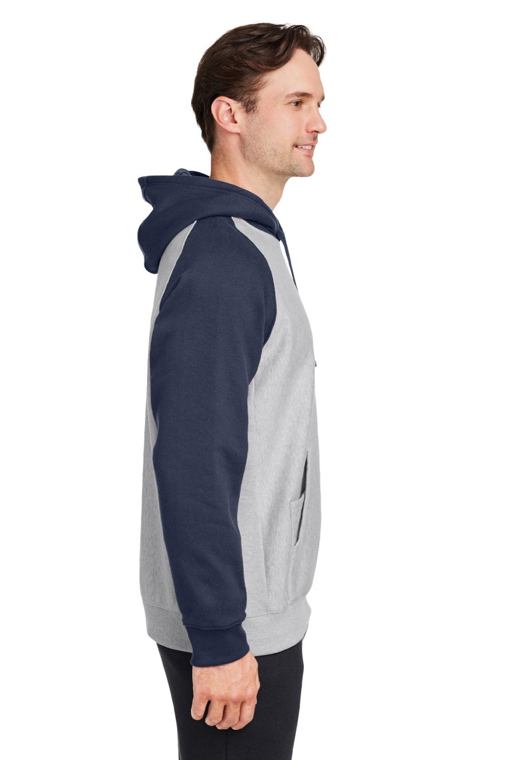 Team 365 TT96CB Mens Zone HydroSport Water Resistant Colorblock Hooded Sweatshirt Hoodie w/ Pouch Pocket Heather Grey/Dark Navy Blue Model Side