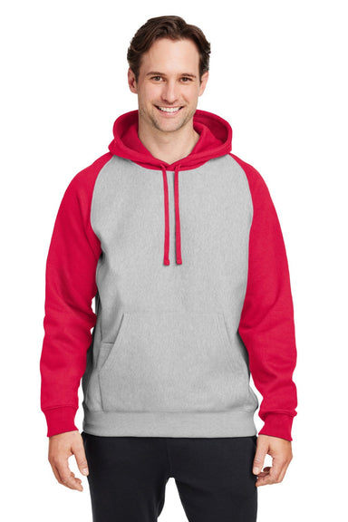 Team 365 TT96CB Mens Zone HydroSport Water Resistant Colorblock Hooded Sweatshirt Hoodie w/ Pouch Pocket Heather Grey/Red Model Front