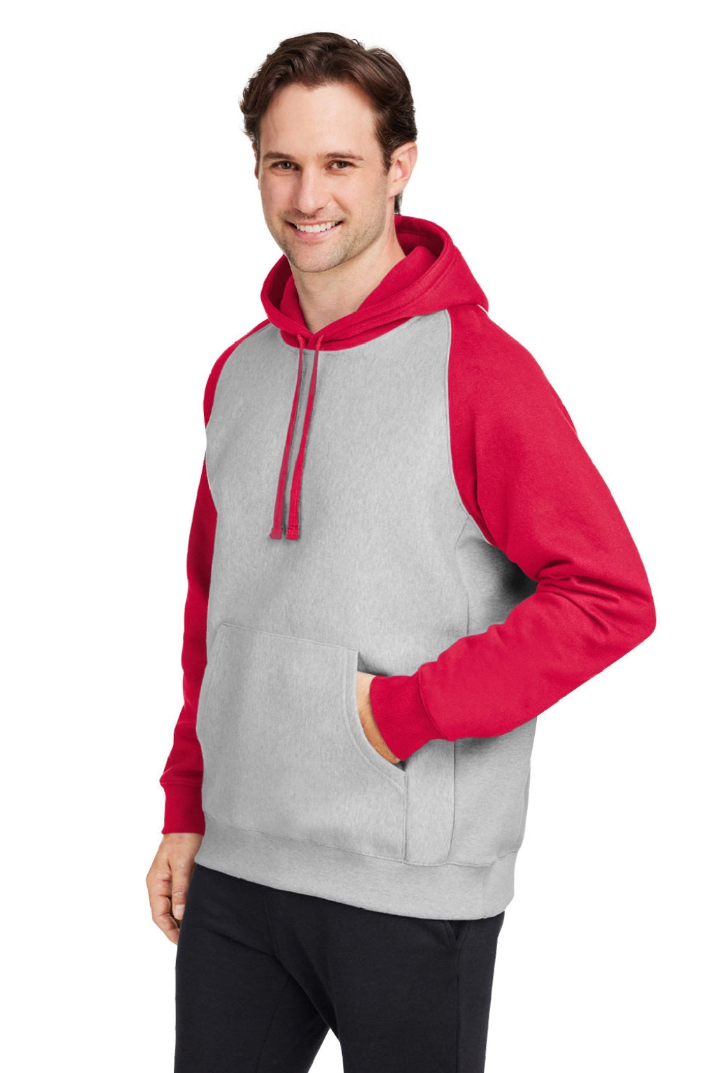 Team 365 TT96CB Mens Zone HydroSport Water Resistant Colorblock Hooded Sweatshirt Hoodie w/ Pouch Pocket Heather Grey/Red Model 3q
