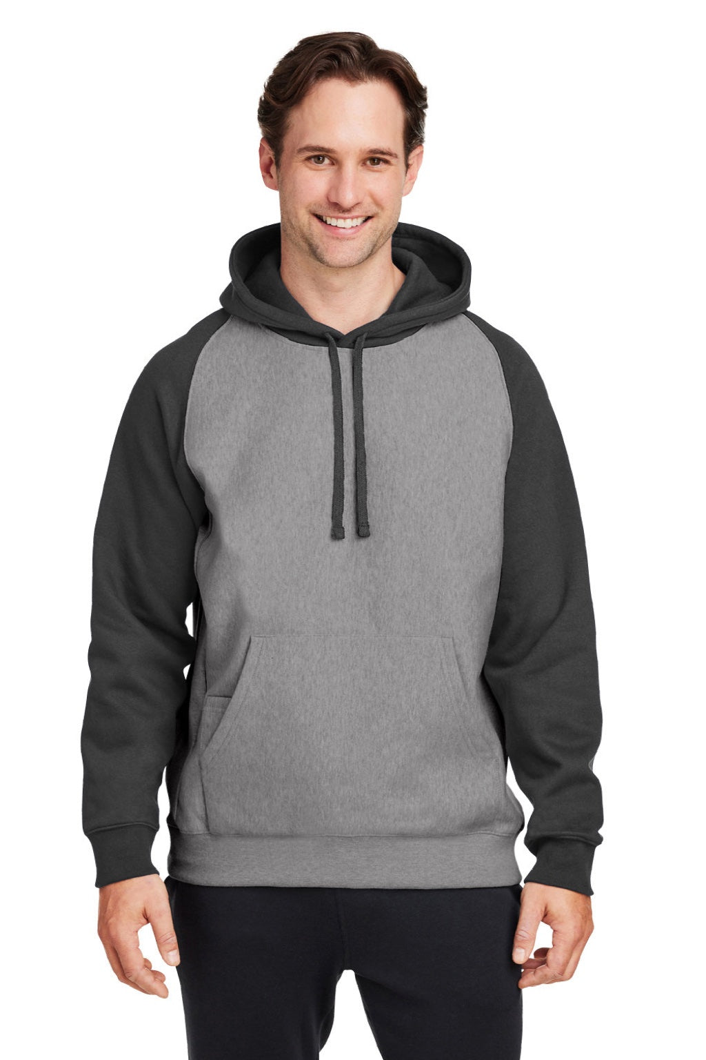 Team 365 TT96CB Mens Zone HydroSport Water Resistant Colorblock Hooded Sweatshirt Hoodie w/ Pouch Pocket Heather Dark Grey/Black Model Front