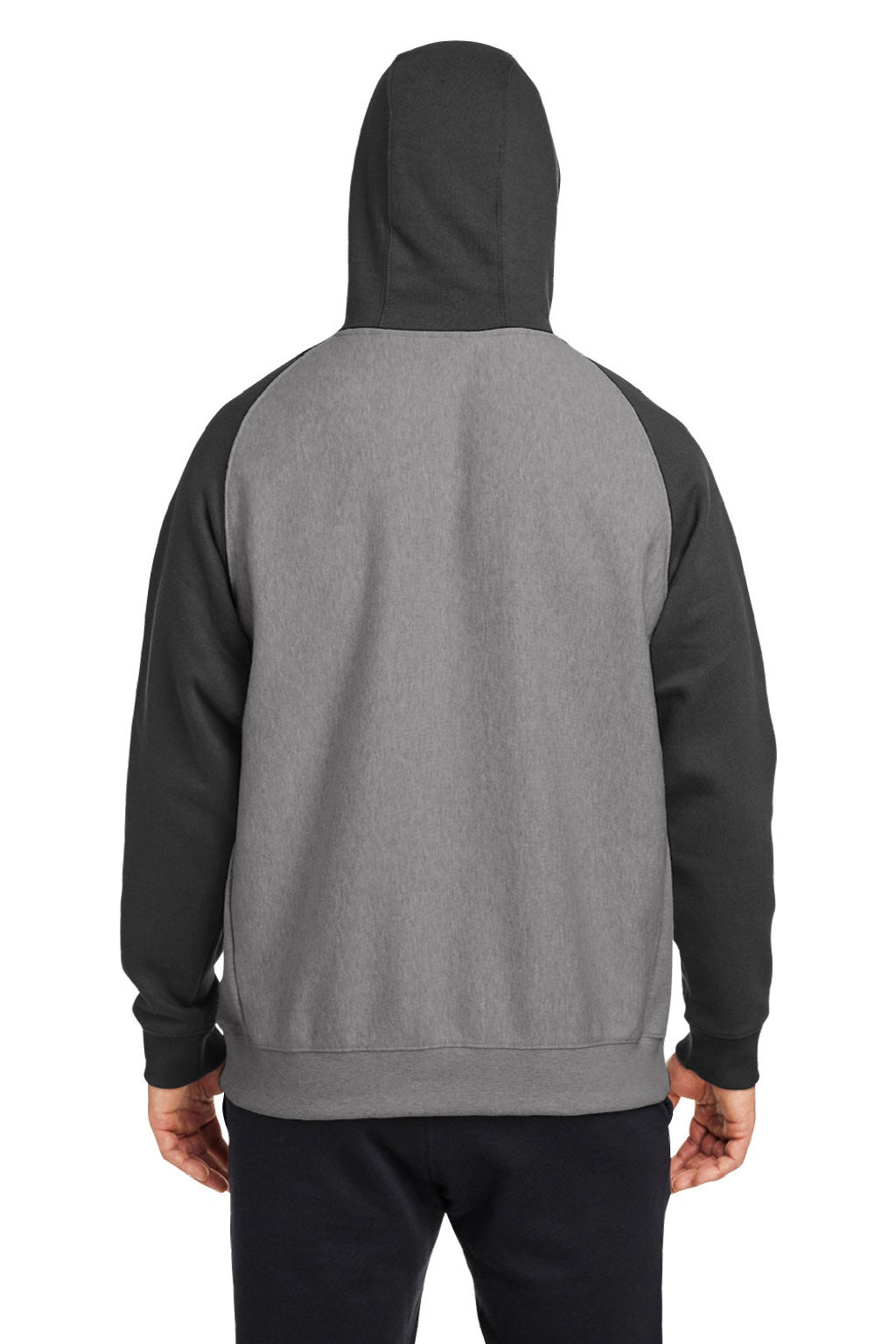 Team 365 TT96CB Mens Zone HydroSport Water Resistant Colorblock Hooded Sweatshirt Hoodie w/ Pouch Pocket Heather Dark Grey/Black Model Back