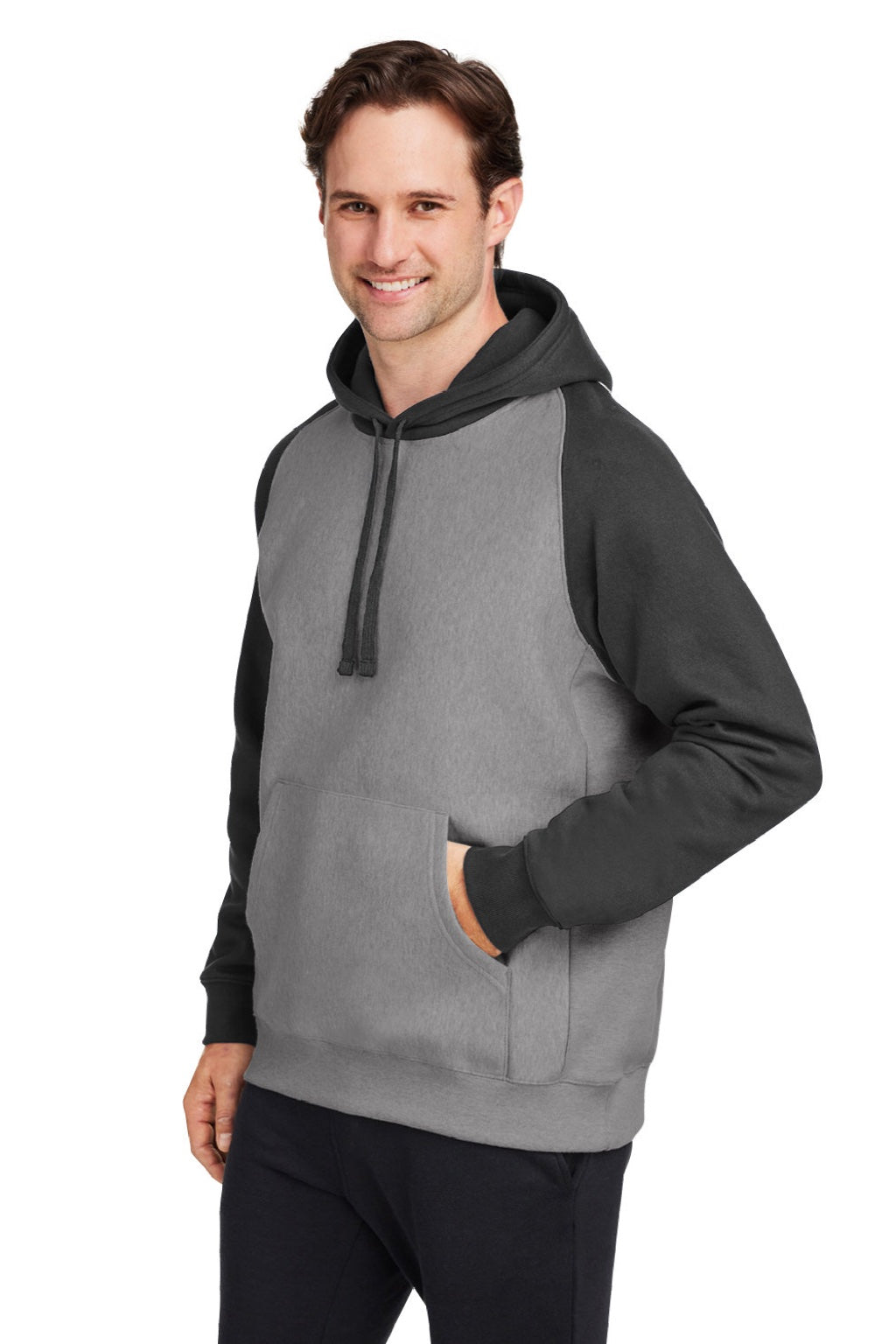 Team 365 TT96CB Mens Zone HydroSport Water Resistant Colorblock Hooded Sweatshirt Hoodie w/ Pouch Pocket Heather Dark Grey/Black Model 3q
