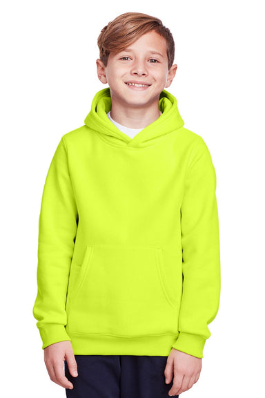 Team 365 TT96Y Youth Zone HydroSport Fleece Water Resistant Hooded Sweatshirt Hoodie w/ Pouch Pocket Safety Yellow Model Front