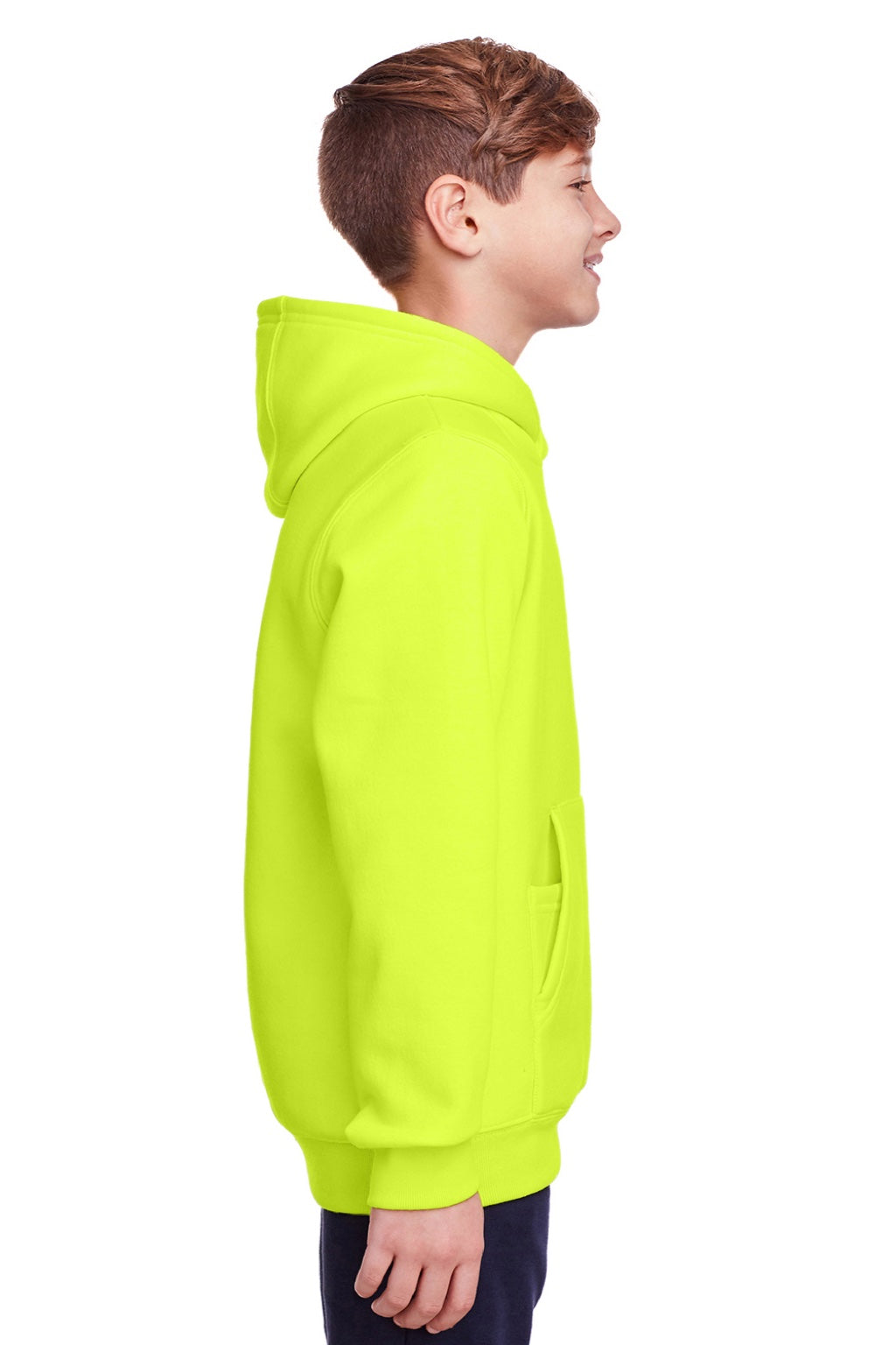 Team 365 TT96Y Youth Zone HydroSport Fleece Water Resistant Hooded Sweatshirt Hoodie w/ Pouch Pocket Safety Yellow Model Side