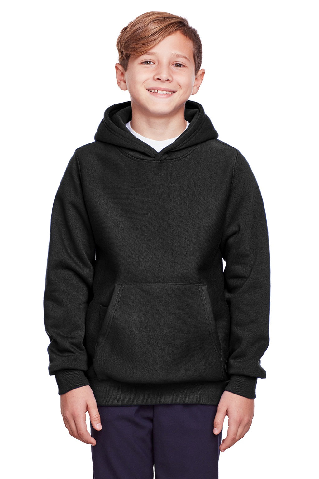 Team 365 TT96Y Youth Zone HydroSport Fleece Water Resistant Hooded Sweatshirt Hoodie w/ Pouch Pocket Black Model Front