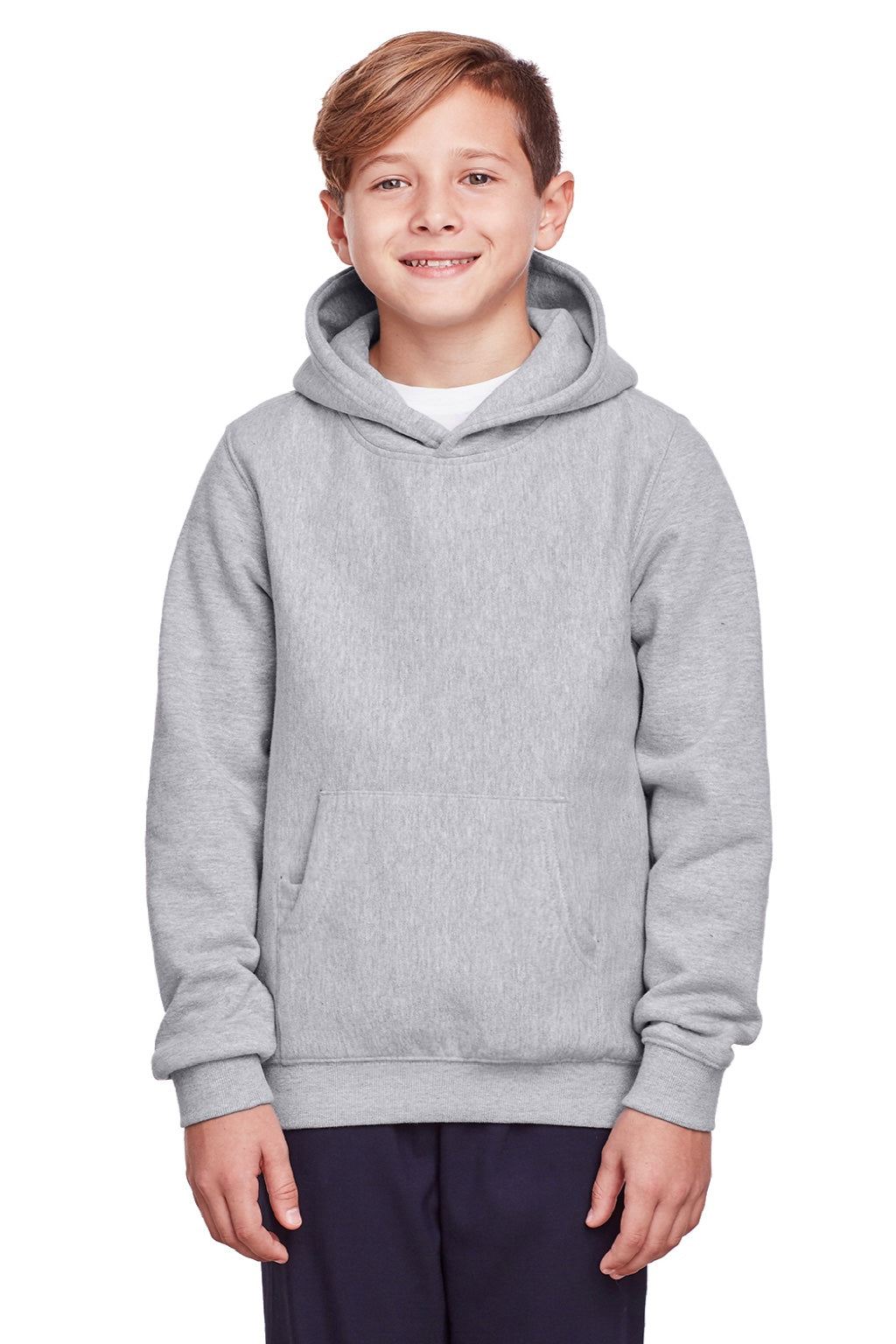 Team 365 TT96Y Youth Zone HydroSport Fleece Water Resistant Hooded Sweatshirt Hoodie w/ Pouch Pocket Heather Grey Model Front