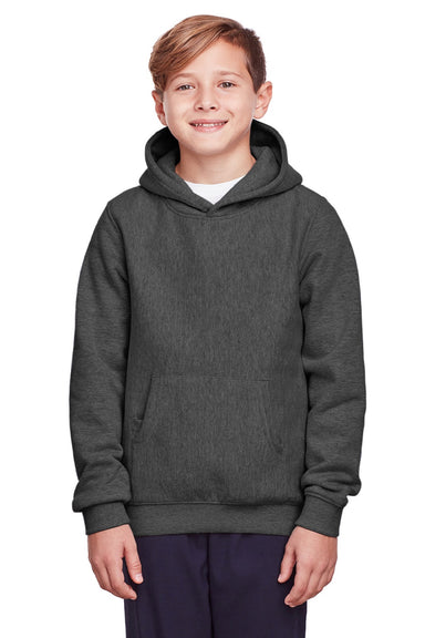 Team 365 TT96Y Youth Zone HydroSport Fleece Water Resistant Hooded Sweatshirt Hoodie w/ Pouch Pocket Heather Dark Grey Model Front