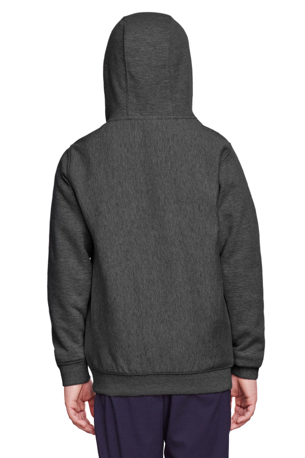 Team 365 TT96Y Youth Zone HydroSport Fleece Water Resistant Hooded Sweatshirt Hoodie w/ Pouch Pocket Heather Dark Grey Model Back