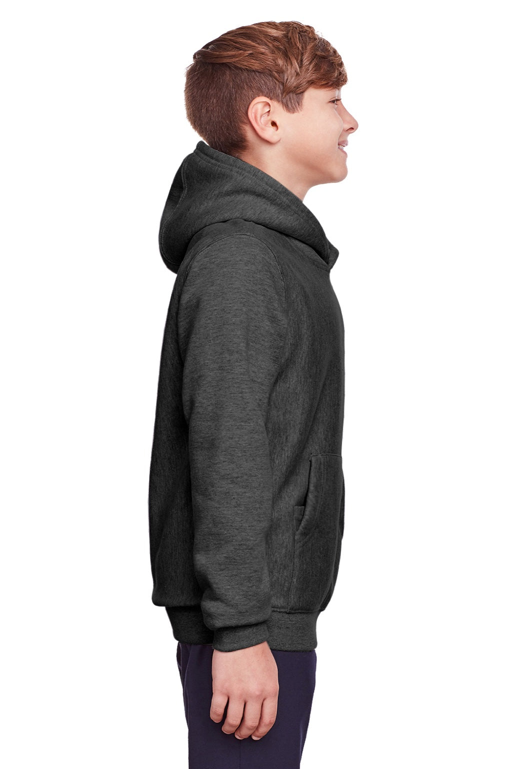 Team 365 TT96Y Youth Zone HydroSport Fleece Water Resistant Hooded Sweatshirt Hoodie w/ Pouch Pocket Heather Dark Grey Model Side