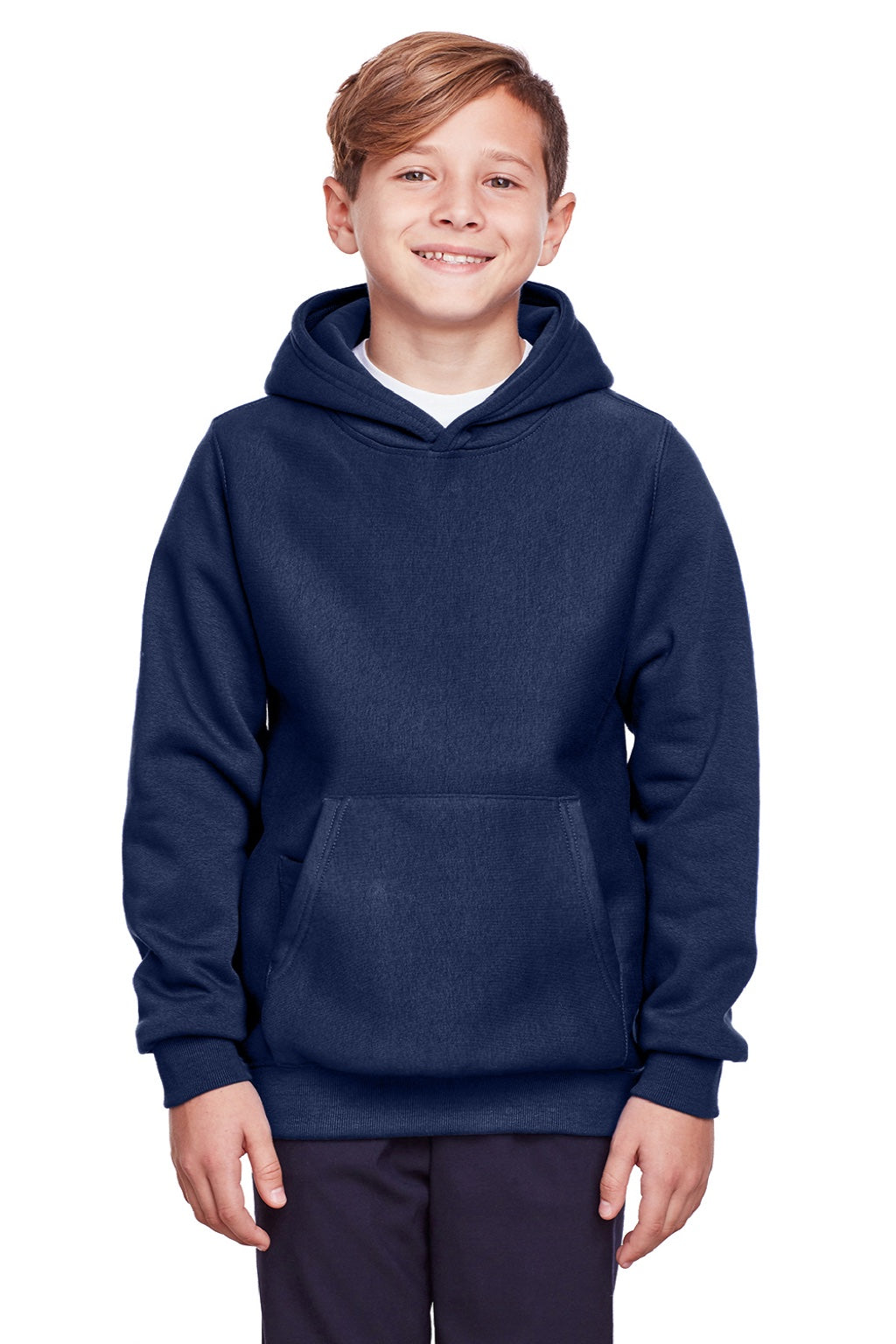 Team 365 TT96Y Youth Zone HydroSport Fleece Water Resistant Hooded Sweatshirt Hoodie w/ Pouch Pocket Dark Navy Blue Model Front