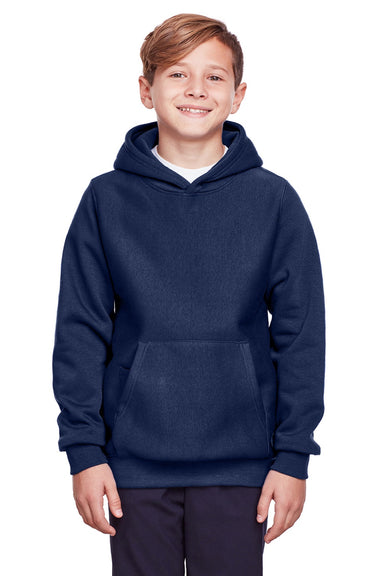 Team 365 TT96Y Youth Zone HydroSport Fleece Water Resistant Hooded Sweatshirt Hoodie w/ Pouch Pocket Dark Navy Blue Model Front