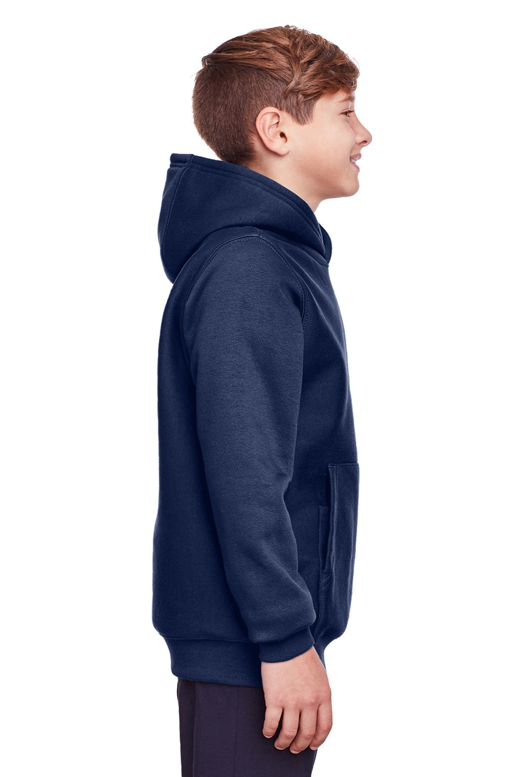 Team 365 TT96Y Youth Zone HydroSport Fleece Water Resistant Hooded Sweatshirt Hoodie w/ Pouch Pocket Dark Navy Blue Model Side
