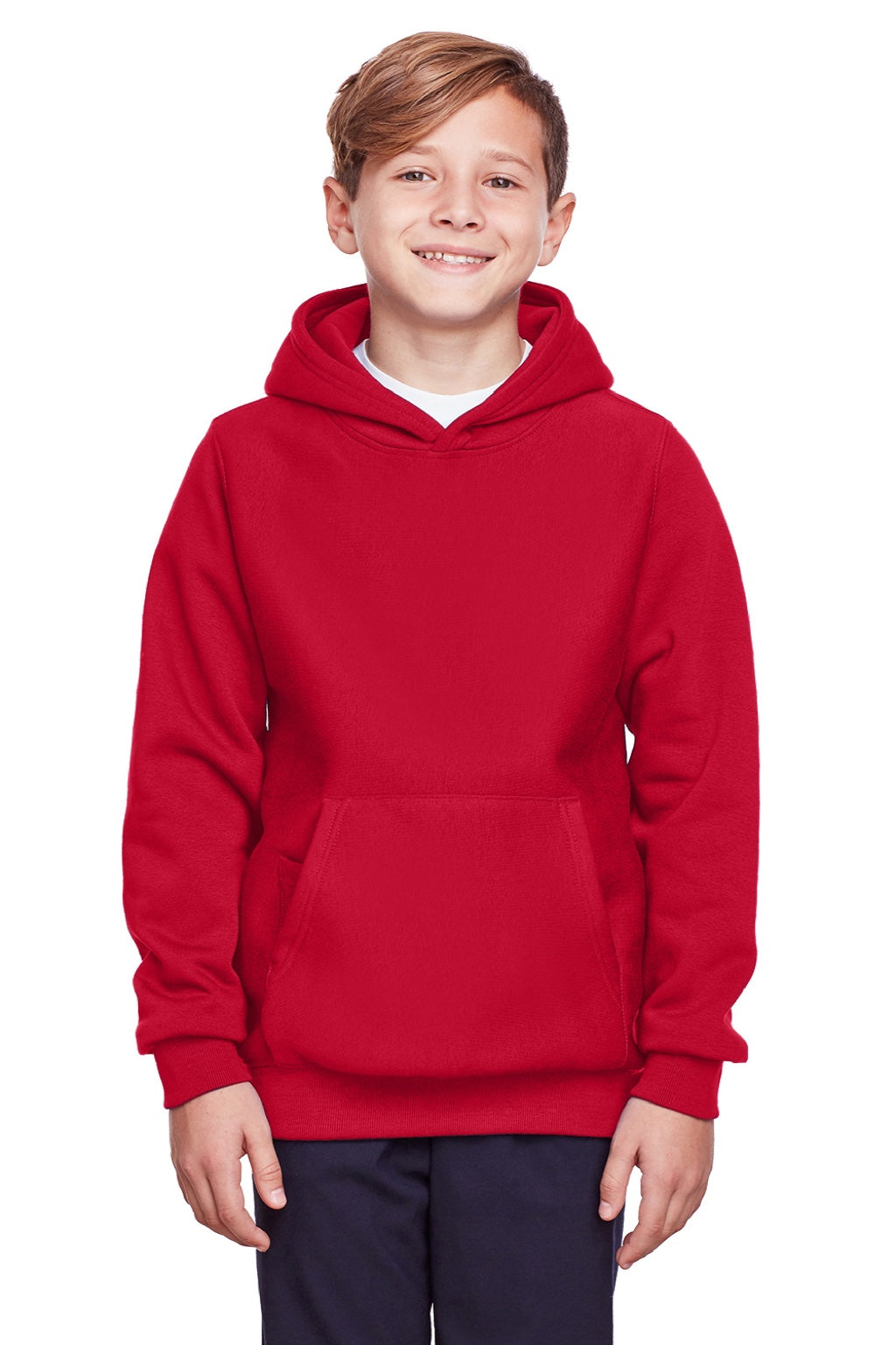 Team 365 TT96Y Youth Zone HydroSport Fleece Water Resistant Hooded Sweatshirt Hoodie w/ Pouch Pocket Red Model Front