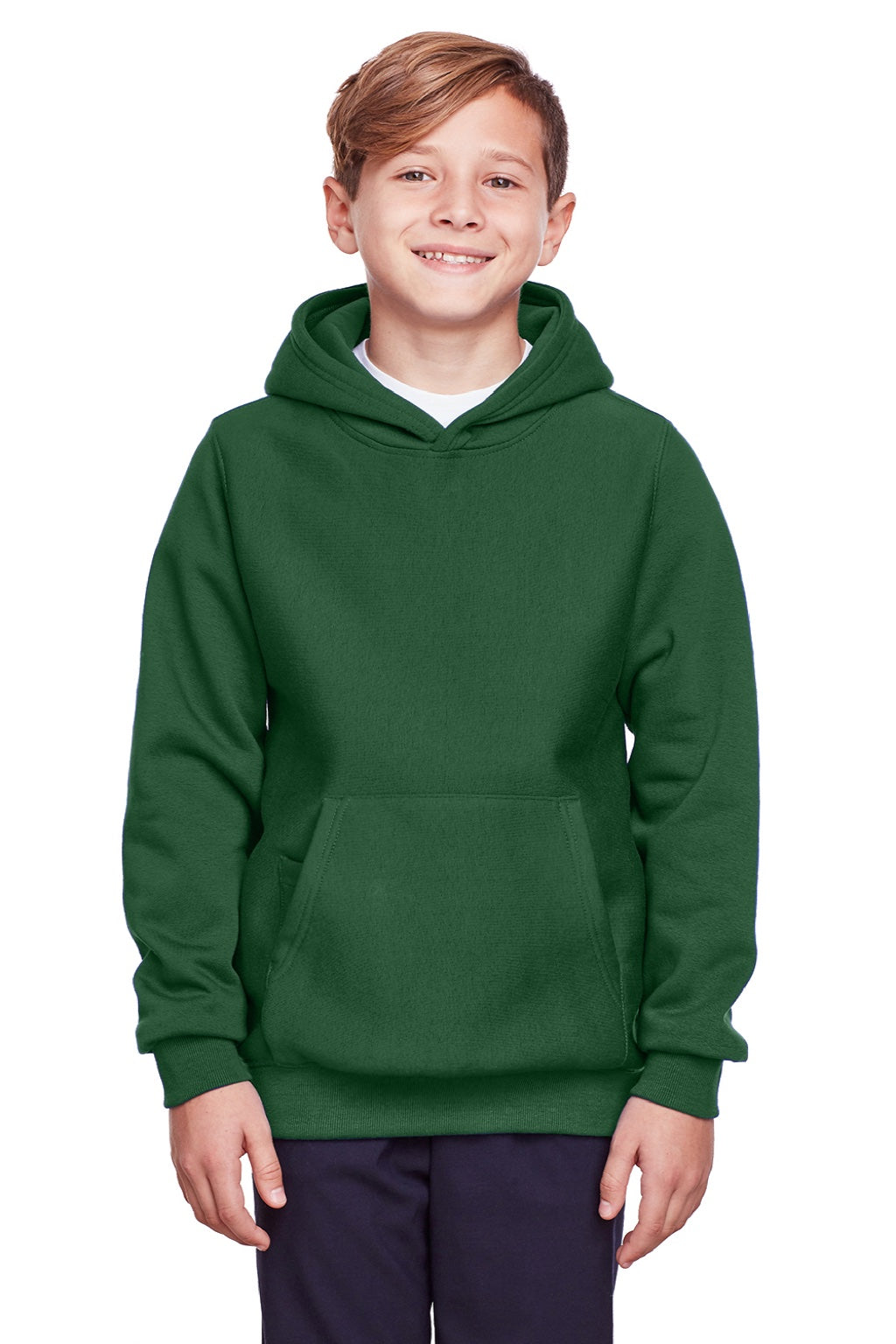 Team 365 TT96Y Youth Zone HydroSport Fleece Water Resistant Hooded Sweatshirt Hoodie w/ Pouch Pocket Dark Green Model Front