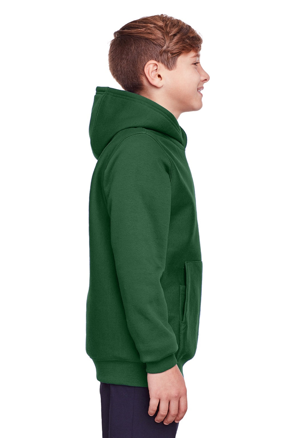 Team 365 TT96Y Youth Zone HydroSport Fleece Water Resistant Hooded Sweatshirt Hoodie w/ Pouch Pocket Dark Green Model Side