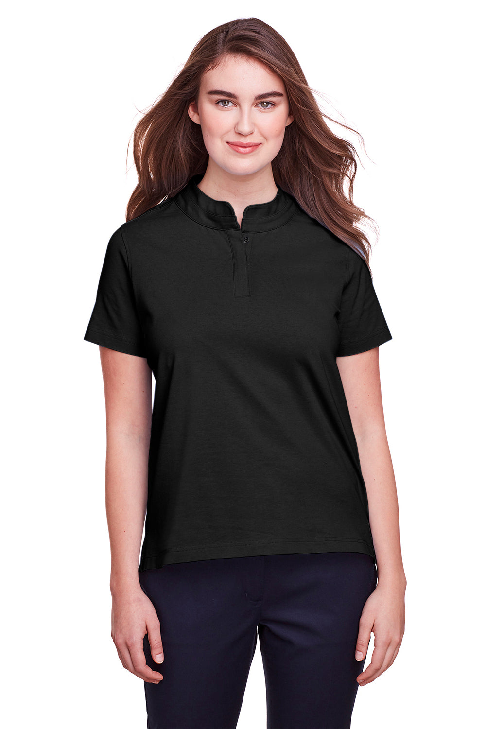 UltraClub UC105W Womens Lakeshore Performance Moisture Wicking Short Sleeve Polo Shirt Black Model Front