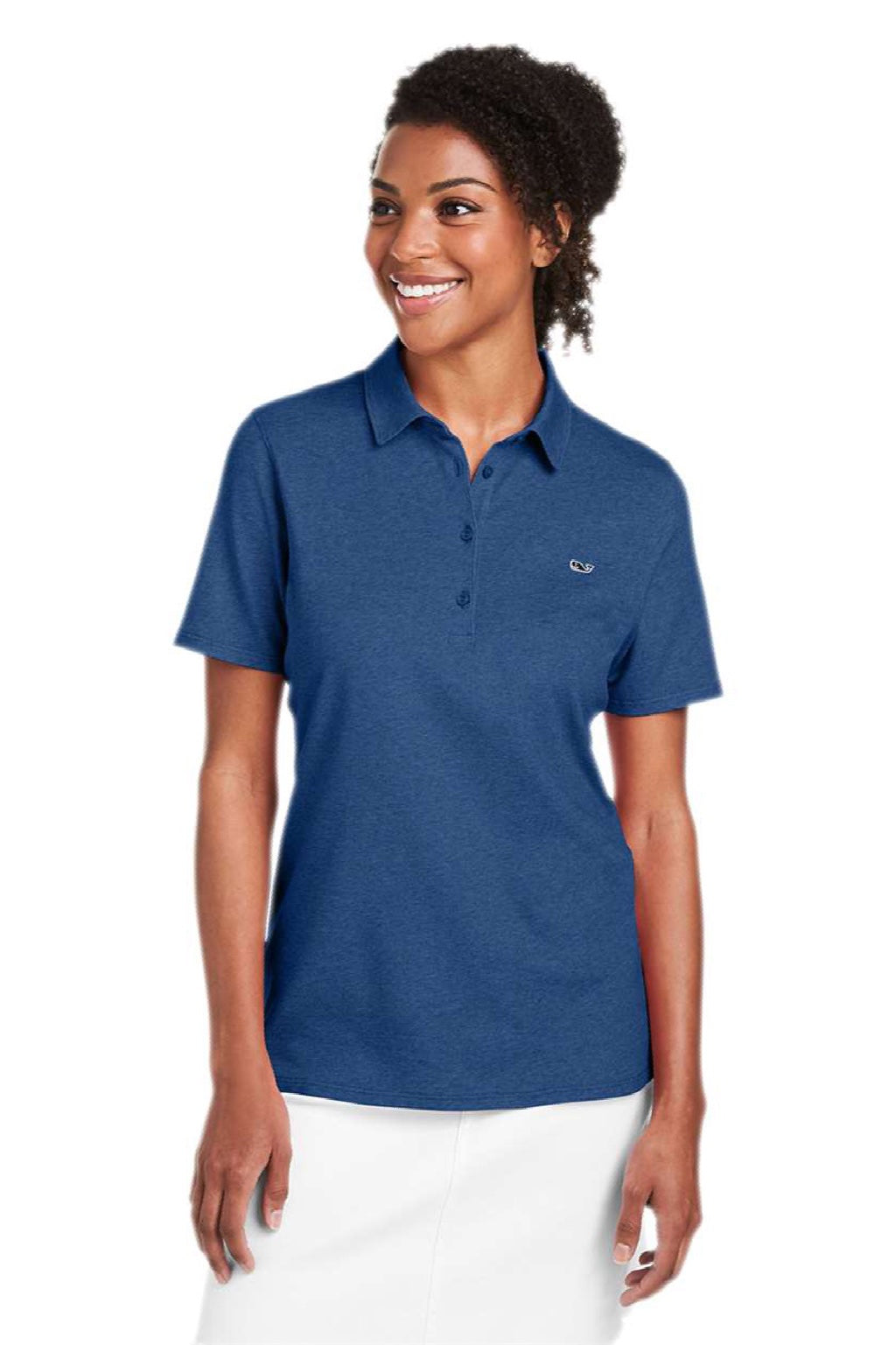 Vineyard Vines G001189 Womens Edgartown Pique Short Sleeve Polo Shirt Deep Bay Blue Model Front
