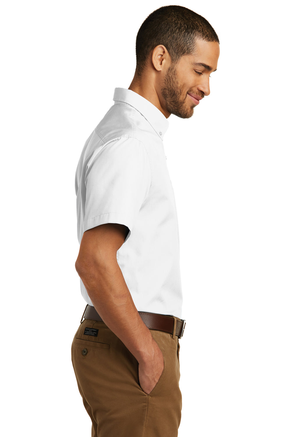 Port Authority W101 Mens Carefree Stain Resistant Short Sleeve Button Down Shirt w/ Pocket White Model Side