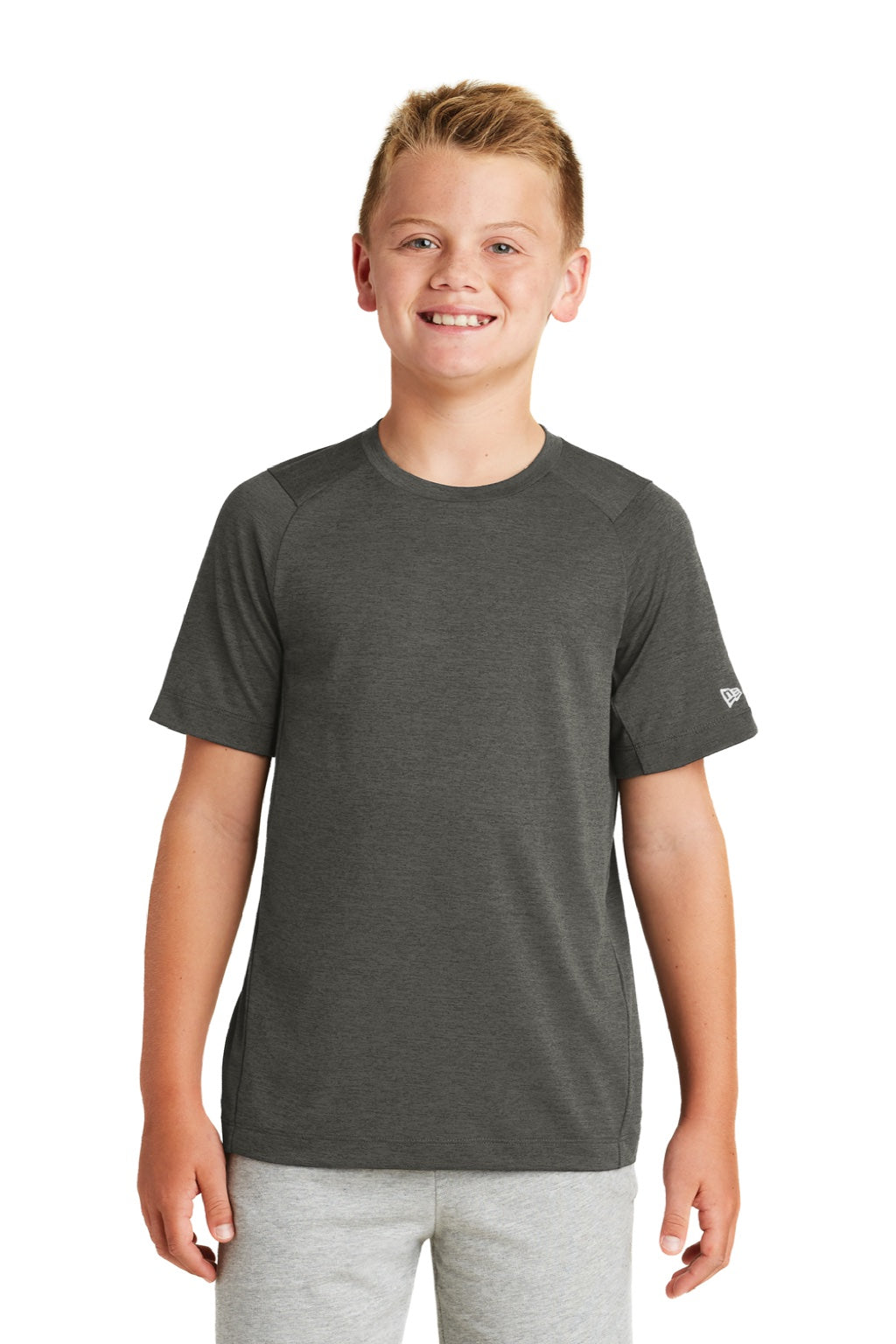 New Era YNEA200 Youth Series Performance Jersey Moisture Wicking Short Sleeve Crewneck T-Shirt Graphite Grey Model Front