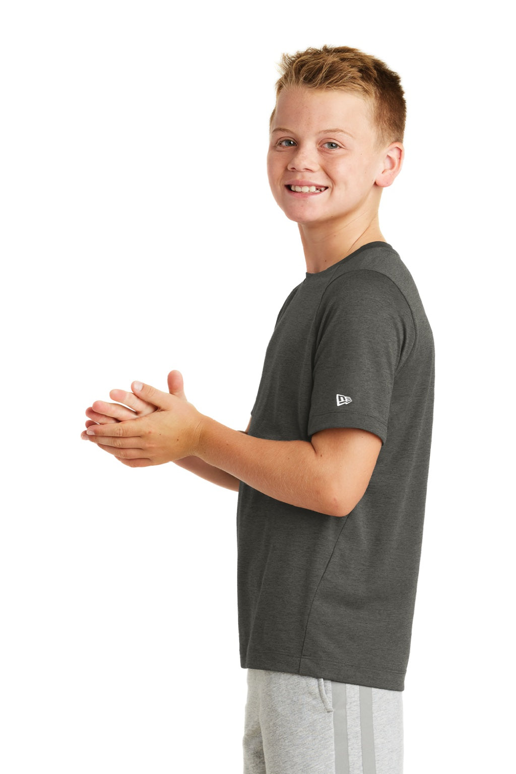 New Era YNEA200 Youth Series Performance Jersey Moisture Wicking Short Sleeve Crewneck T-Shirt Graphite Grey Model Side