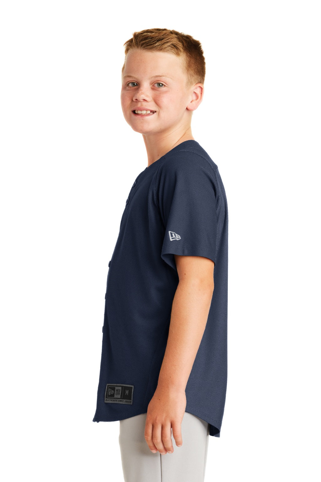 New Era YNEA220 Youth Diamond Era Moisture Wicking Short Sleeve Jersey Navy Blue Model Side