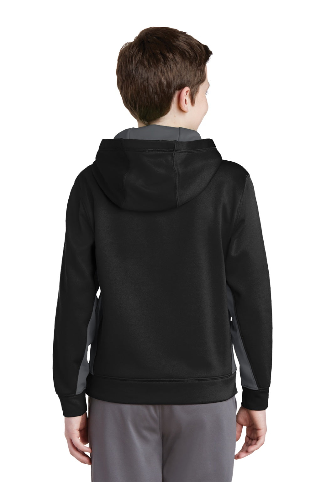 Sport-Tek YST235 Youth Sport-Wick Moisture Wicking Fleece Hooded Sweatshirt Hoodie w/ Pouch Pocket Black/Dark Smoke Grey Model Back
