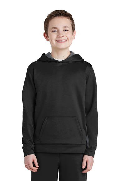 Sport-Tek YST235 Youth Sport-Wick Moisture Wicking Fleece Hooded Sweatshirt Hoodie w/ Pouch Pocket Black/Dark Smoke Grey Model Front