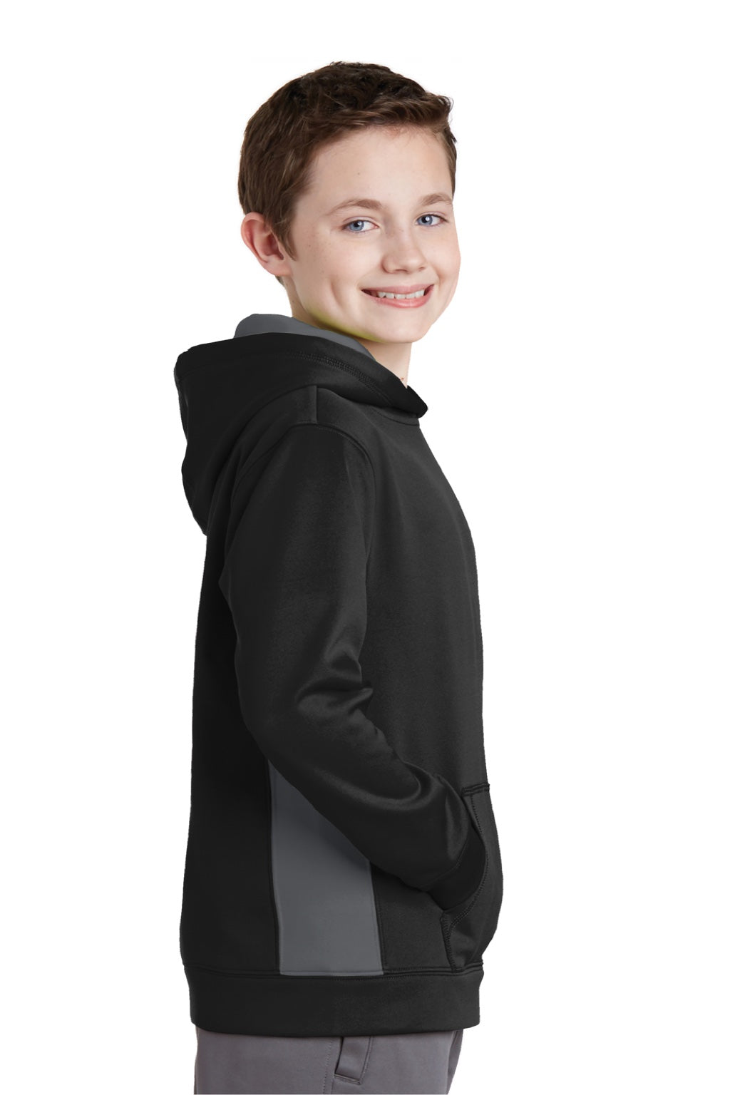 Sport-Tek YST235 Youth Sport-Wick Moisture Wicking Fleece Hooded Sweatshirt Hoodie w/ Pouch Pocket Black/Dark Smoke Grey Model Side