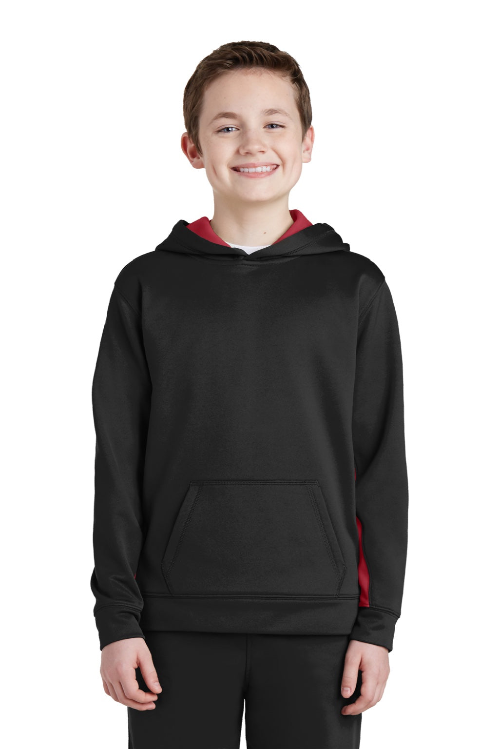 Sport-Tek YST235 Youth Sport-Wick Moisture Wicking Fleece Hooded Sweatshirt Hoodie w/ Pouch Pocket Black/Deep Red Model Front