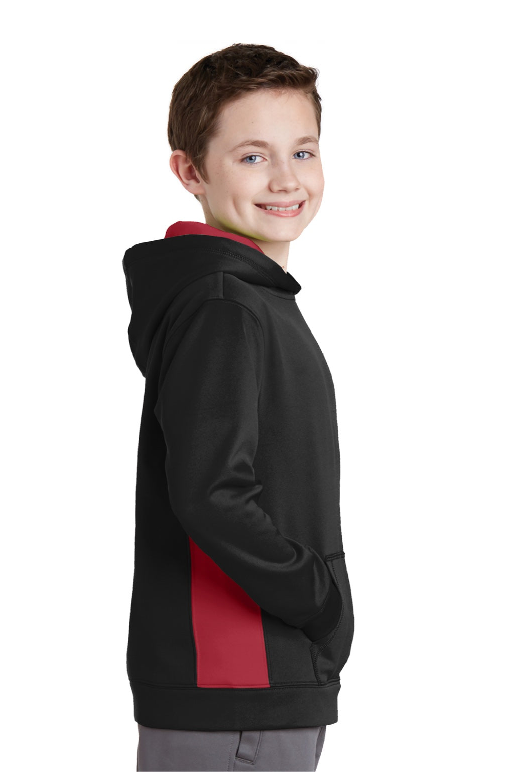 Sport-Tek YST235 Youth Sport-Wick Moisture Wicking Fleece Hooded Sweatshirt Hoodie w/ Pouch Pocket Black/Deep Red Model Side
