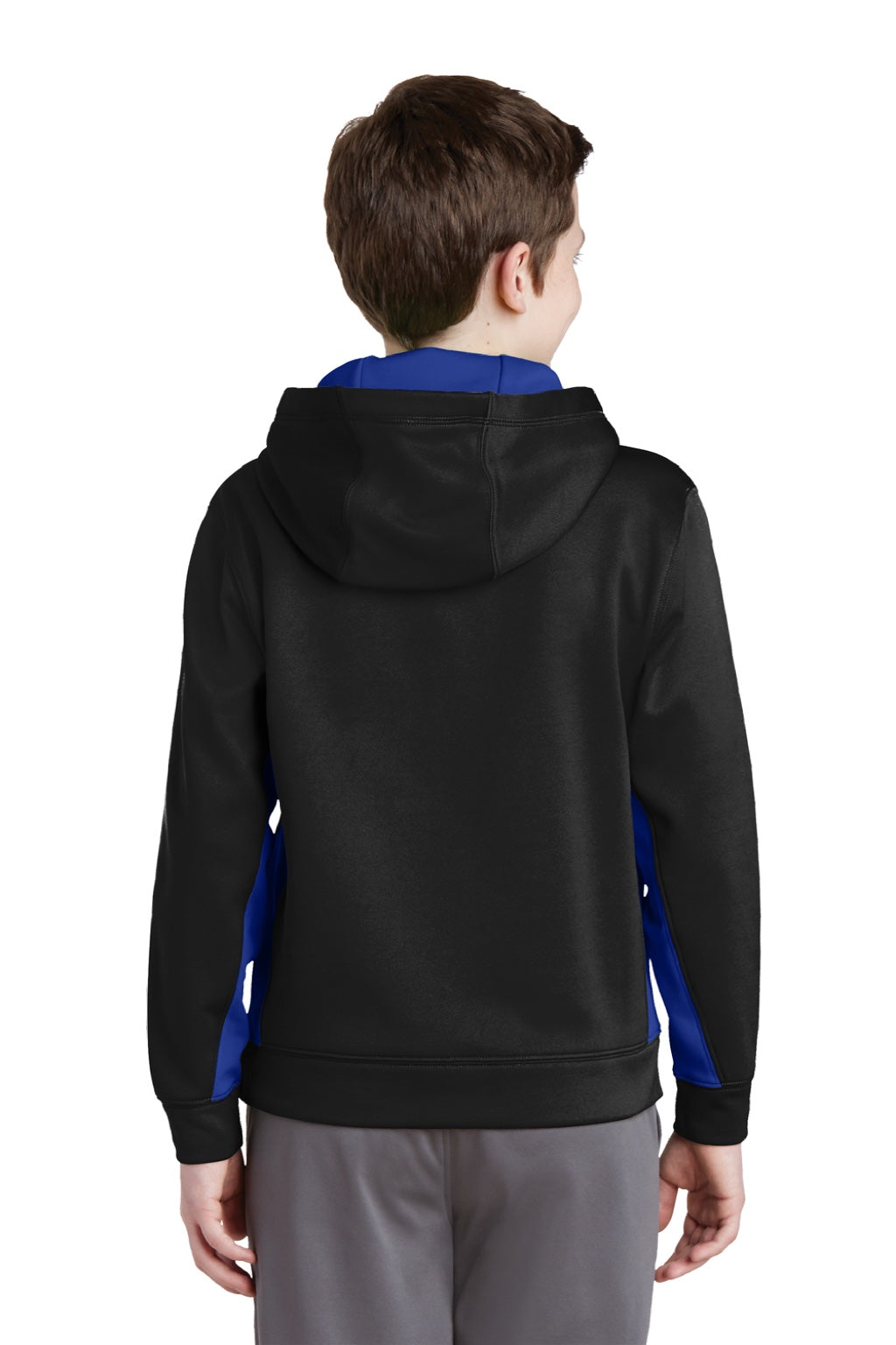 Sport-Tek YST235 Youth Sport-Wick Moisture Wicking Fleece Hooded Sweatshirt Hoodie w/ Pouch Pocket Black/True Royal Blue Model Back