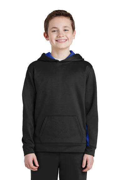 Sport-Tek YST235 Youth Sport-Wick Moisture Wicking Fleece Hooded Sweatshirt Hoodie w/ Pouch Pocket Black/True Royal Blue Model Front
